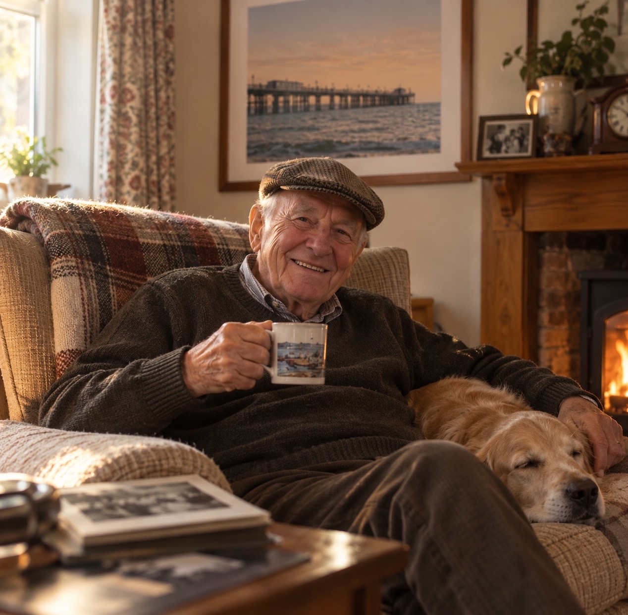 An elderly man in a flat cap, smiling warmly